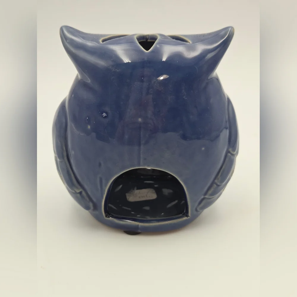 Owl Luminary Candle Votive‎ MCM Stoneware Pottery Blue Decor Cut Outs 5